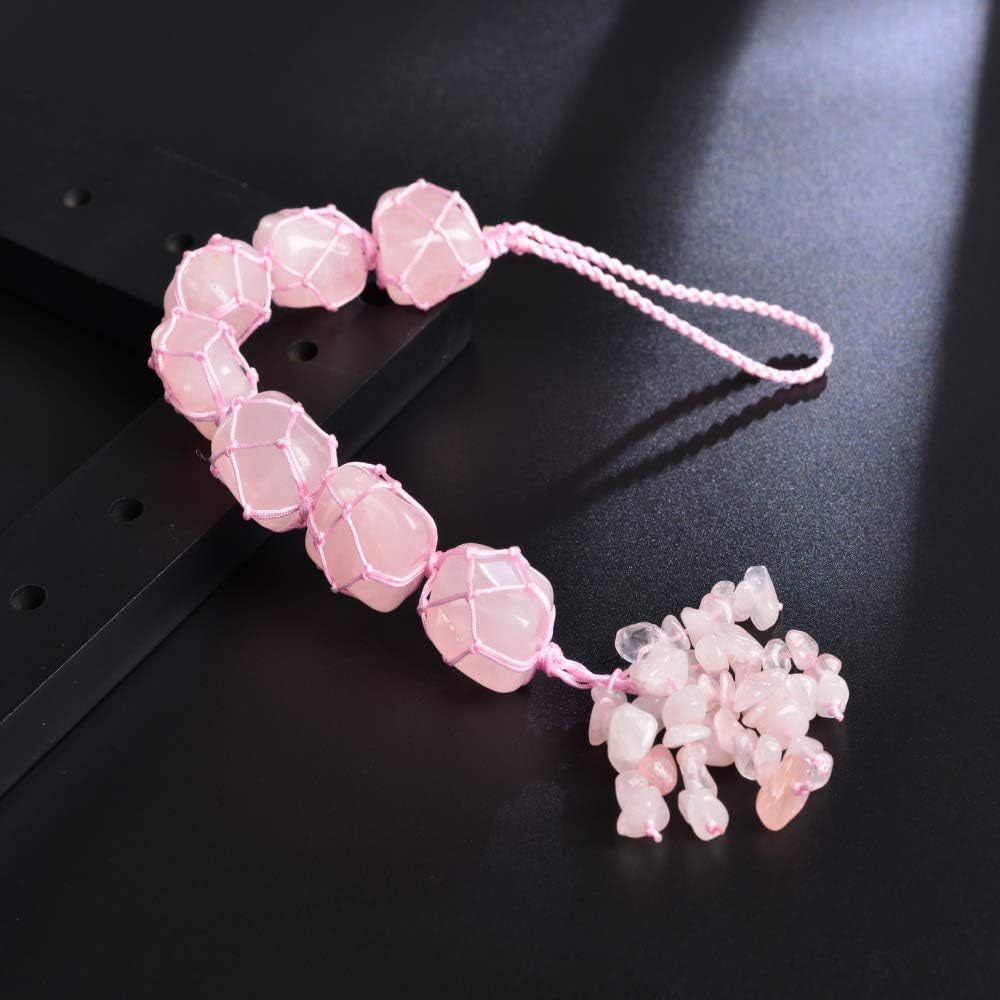 Handmade Natural Crystal Rose Quartz Car Hanging Ornaments for Home Decoration Feng Shui Ornament Yoga Meditation Car Decoration Tumbled Palm Stones