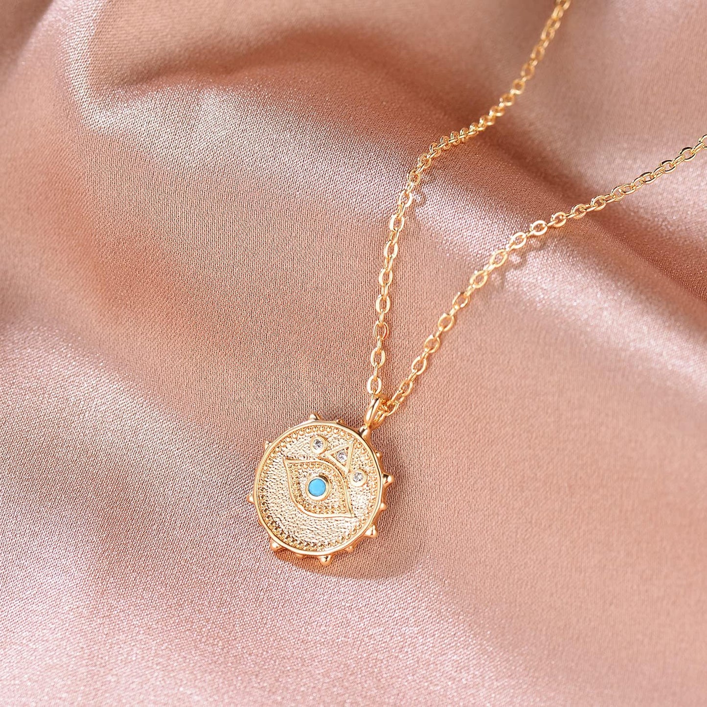 Gold Dainty Evil Eye Necklace for Women,18K Gold Plated Cute Tiny Turquoise Solitaire Cubic Zirconia Protection Boho Evil Eye Minimalist Simple Necklace