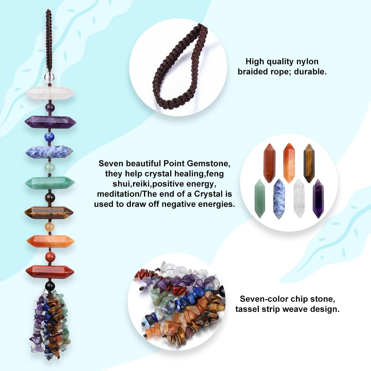 Natural 7 Chakra Healing Crystals Hanging Ornament Reiki Crystal Wand Hanging Decor Tumbled Gemstones Tassels Decoration for Good Luck Yoga Meditation Protection