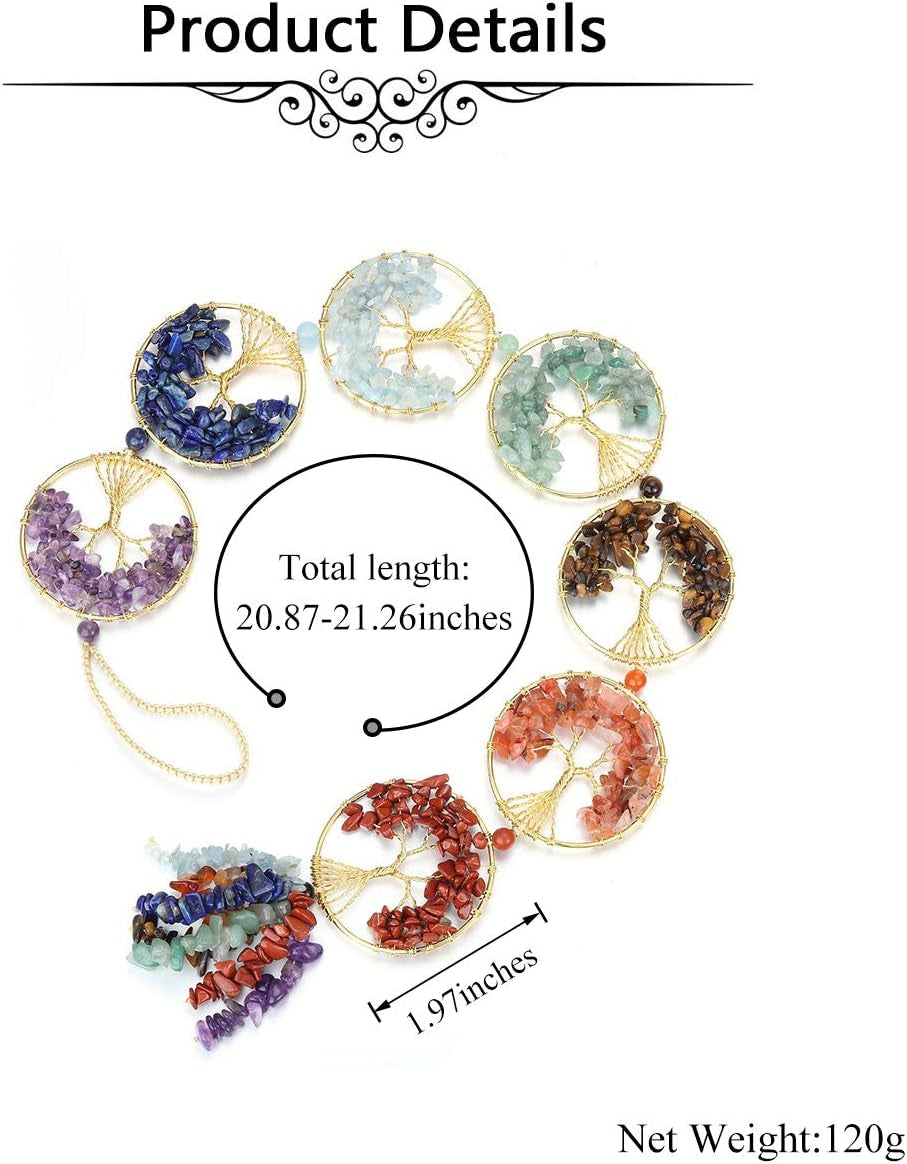 Natural 7 Chakra Stones Reiki Healing Crystals Tree of Life Hanging Ornament Tumbled Gemstones Tassels Home Decor Car Decoration Wall Hanging for Good Luck Yoga Meditation