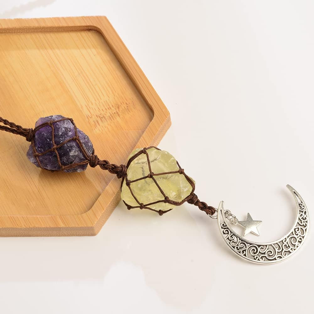 Handmade Hanging Ornaments Car Rear View Mirrors Decor Car Charm Home Decoration Natural Gemstone Moon and Star (Citrine + Amethyst)