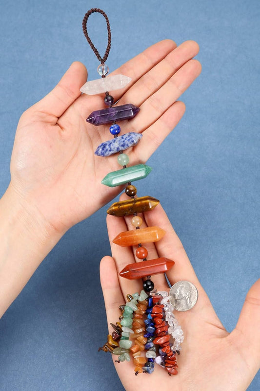 Natural 7 Chakra Healing Crystals Hanging Ornament Reiki Crystal Wand Hanging Decor Tumbled Gemstones Tassels Decoration for Good Luck Yoga Meditation Protection
