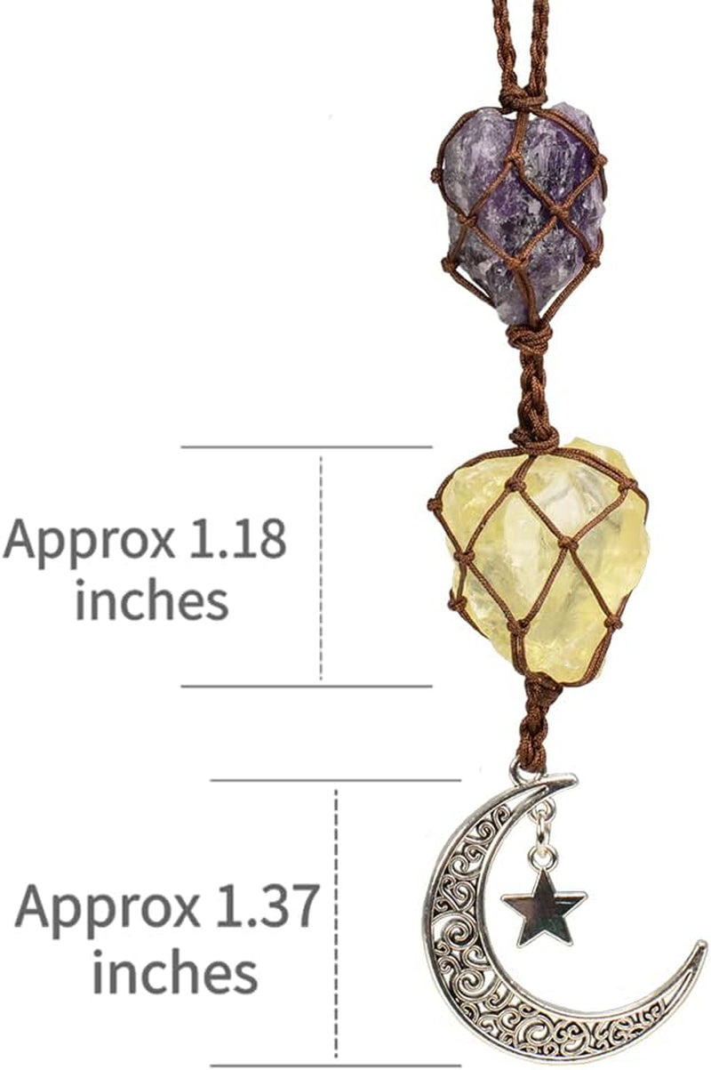 Handmade Hanging Ornaments Car Rear View Mirrors Decor Car Charm Home Decoration Natural Gemstone Moon and Star (Citrine + Amethyst)