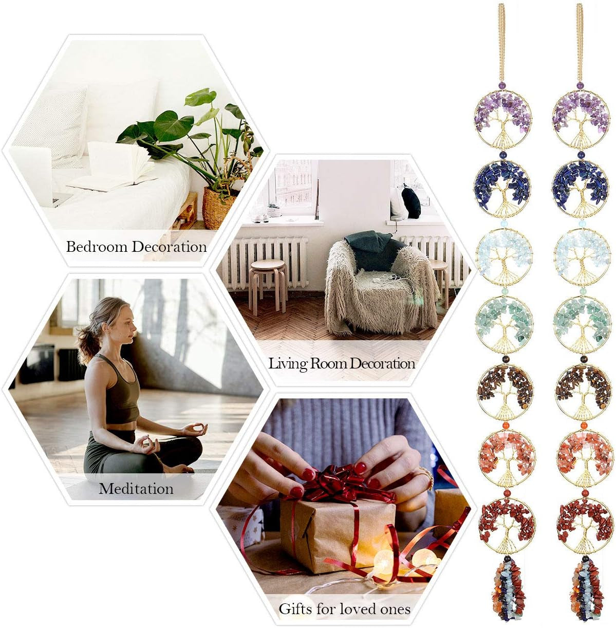 Natural 7 Chakra Stones Reiki Healing Crystals Tree of Life Hanging Ornament Tumbled Gemstones Tassels Home Decor Car Decoration Wall Hanging for Good Luck Yoga Meditation