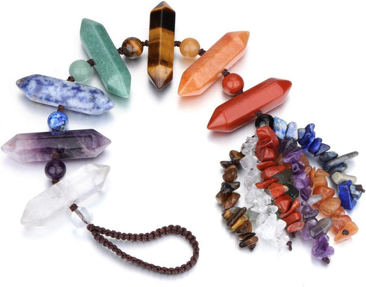 Natural 7 Chakra Healing Crystals Hanging Ornament Reiki Crystal Wand Hanging Decor Tumbled Gemstones Tassels Decoration for Good Luck Yoga Meditation Protection