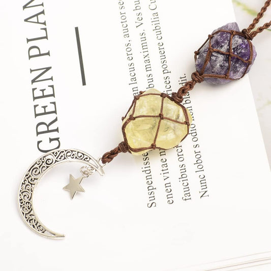 Handmade Hanging Ornaments Car Rear View Mirrors Decor Car Charm Home Decoration Natural Gemstone Moon and Star (Citrine + Amethyst)