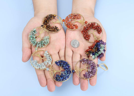 Natural 7 Chakra Stones Reiki Healing Crystals Tree of Life Hanging Ornament Tumbled Gemstones Tassels Home Decor Car Decoration Wall Hanging for Good Luck Yoga Meditation