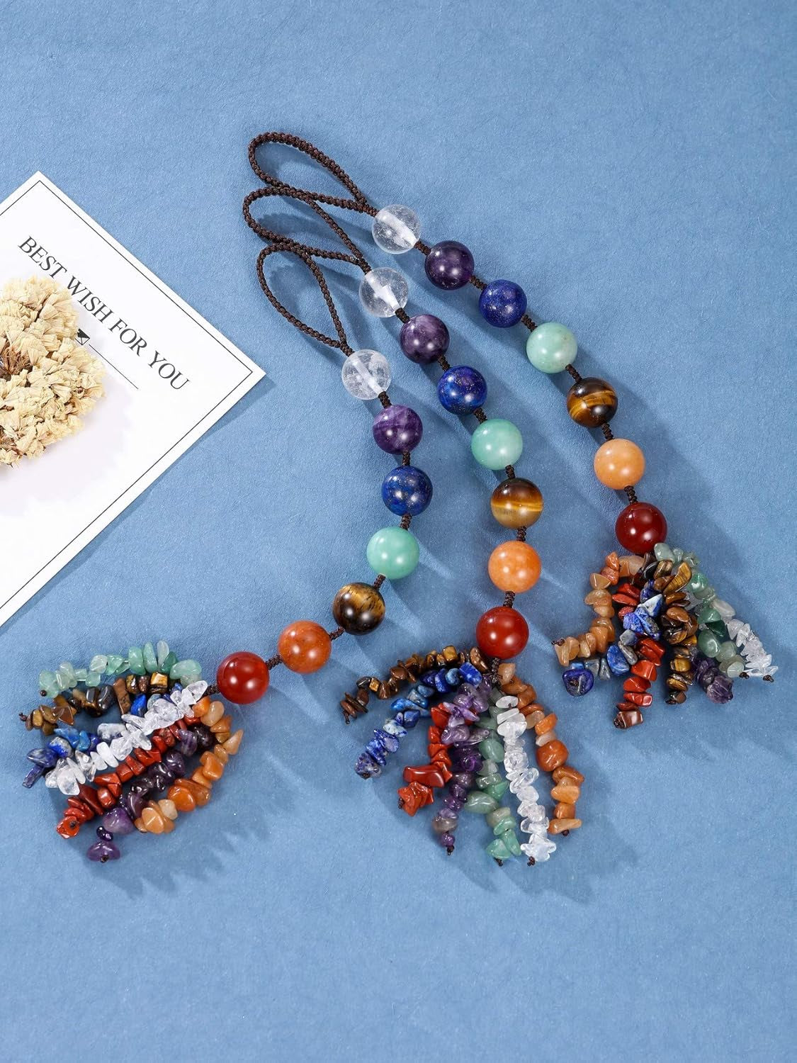 Natural 7 Chakra Healing Crystals Hanging Ornament Reiki Crystal Wand Hanging Decor Tumbled Gemstones Tassels Decoration for Good Luck Yoga Meditation Protection
