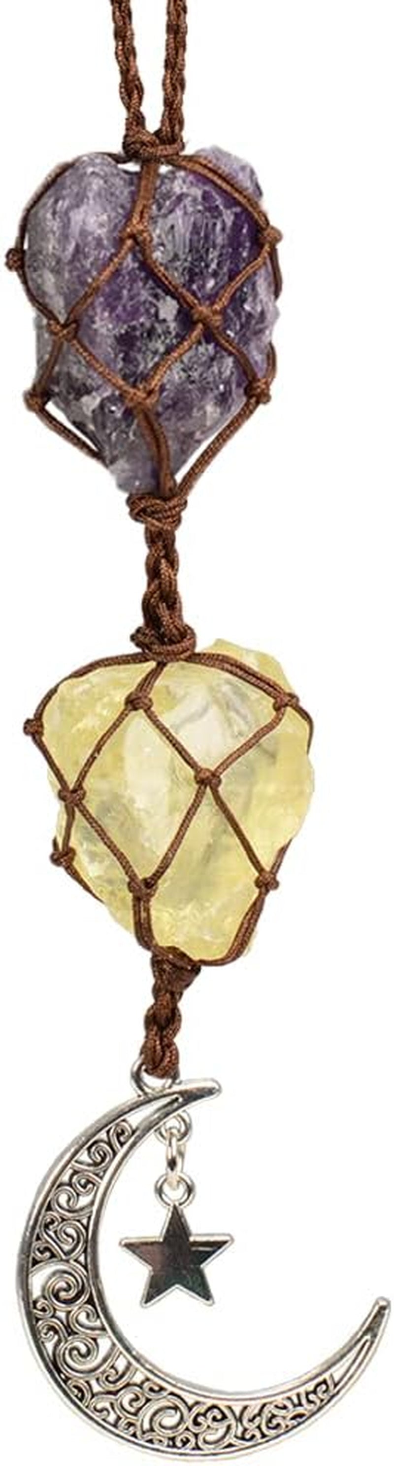 Handmade Hanging Ornaments Car Rear View Mirrors Decor Car Charm Home Decoration Natural Gemstone Moon and Star (Citrine + Amethyst)