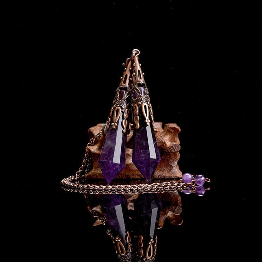 Natural Amethyst Crystal 12 Facted Therapy Healing Dowsing Divination Pendulum - Reiki Charged Chakra Balancing Pendant with Chain