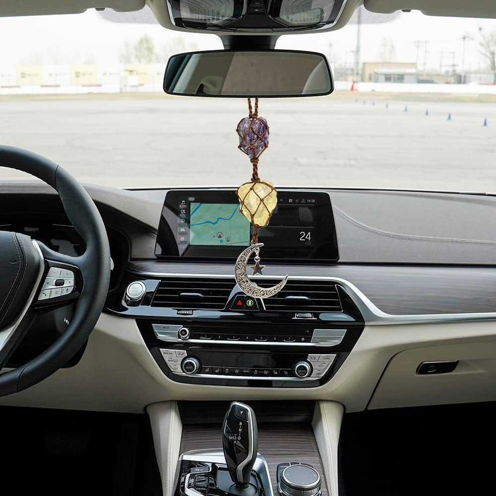 Handmade Hanging Ornaments Car Rear View Mirrors Decor Car Charm Home Decoration Natural Gemstone Moon and Star (Citrine + Amethyst)